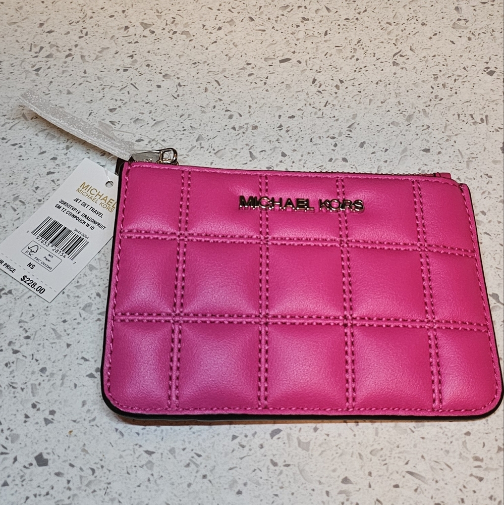 Michael Kors Small Top Zip Coin Pouch ID Card Case Key Ring Dragonfruit Pink